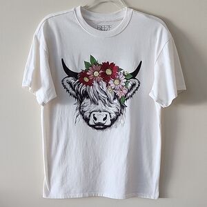 Freeze White Tee with Floral Cow Graphic